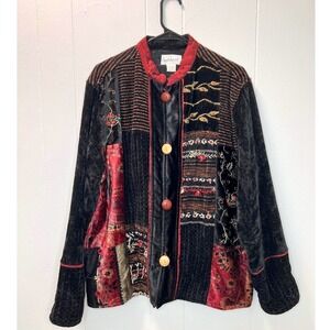 Flashback Womens Patchwork Jacket Size L Velvet Embroidered Boho Grandpa